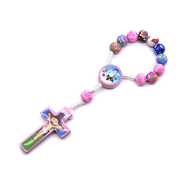 Färgglada tecknade barn pärlor kors rosenkransen armband katolska heliga Pink