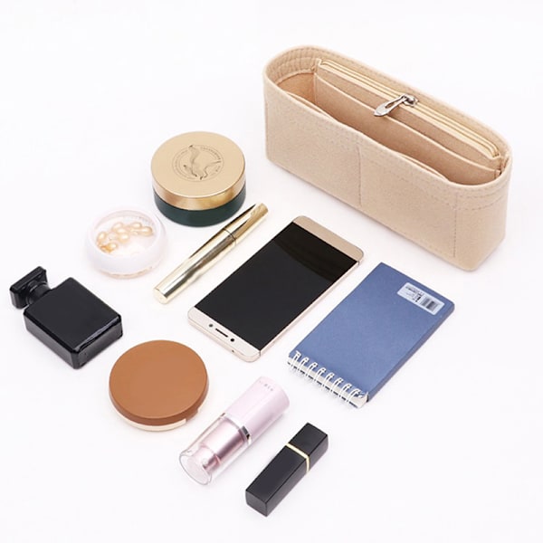 Multi-Pocket Dam Insert Bag Filt Tyg Handväska Handväska Organiz Beige L