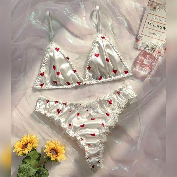 Dam Sexig BH Set Satin Strap Underkläder Kort Mjuk Bekväm A M
