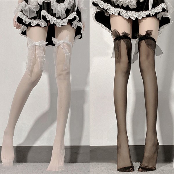 Kvinnor sexiga långa strumpor spets över knä lår nylon rosett White