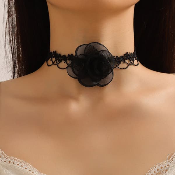 Fairy Style Temperament Black Camellia Choker Long Ribbon Vinta A2
