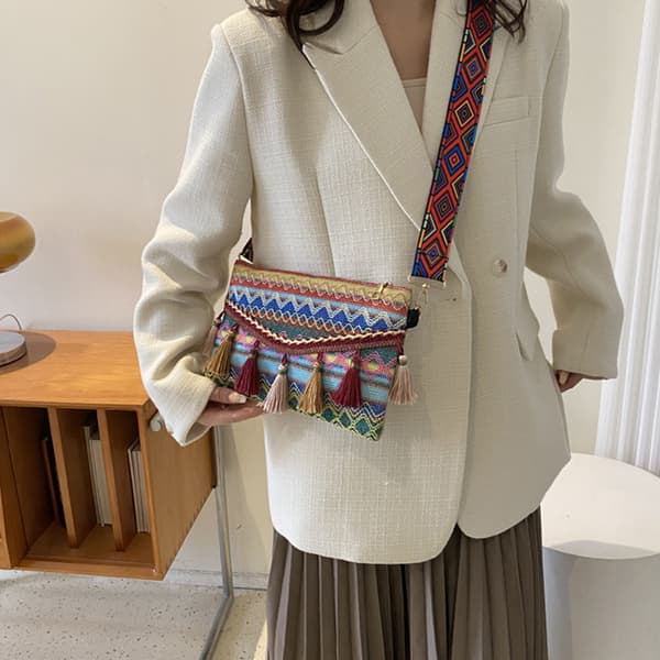 Etnisk stil Weave Crossbody-väskor Tofs Midjeväska Retro Canvas Blue