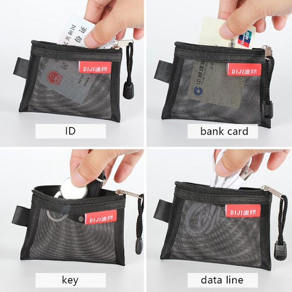 Mini Mesh Myntväskor Pengar Hörlurar Data Line Storage Bags Credi Black