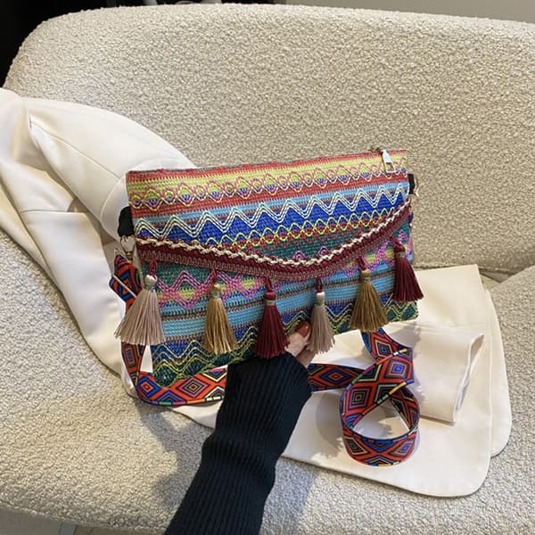 Etnisk stil Weave Crossbody-väskor Tofs Midjeväska Retro Canvas Blue