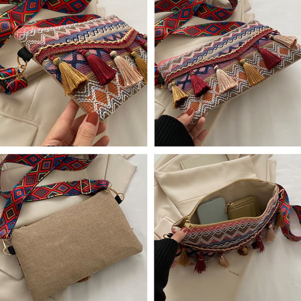 Etnisk stil Weave Crossbody-väskor Tofs Midjeväska Retro Canvas Blue