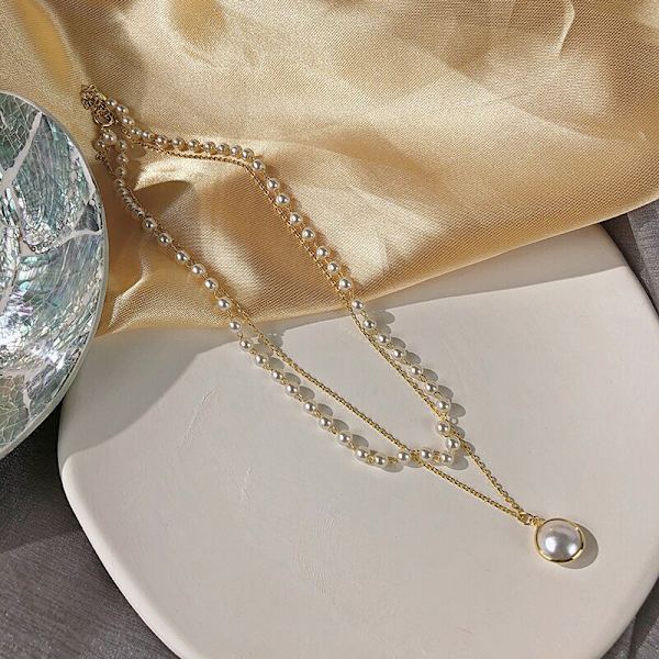 Pärlhalsband Damer Utsökt dubbellager nyckelbenskedja Nec Silver