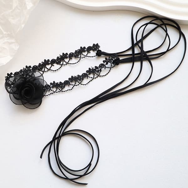 Fairy Style Temperament Black Camellia Choker Long Ribbon Vinta A2