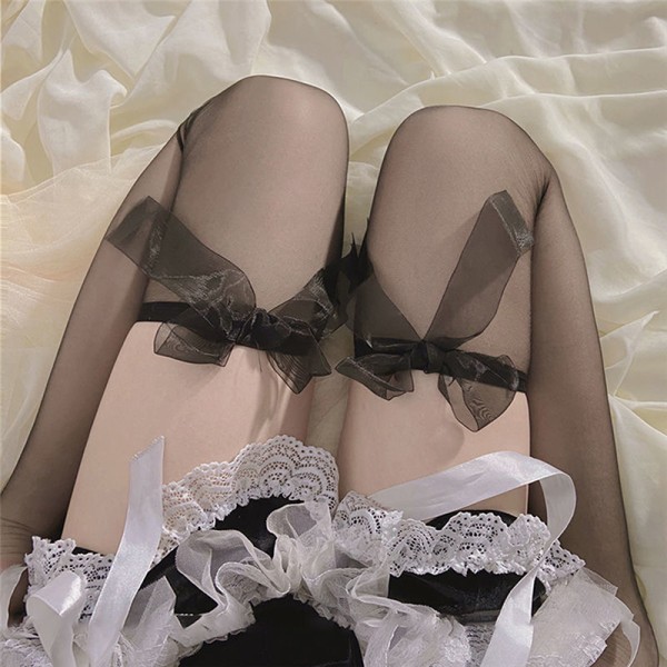 Kvinnor sexiga långa strumpor spets över knä lår nylon rosett White