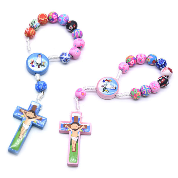 Färgglada tecknade barn pärlor kors rosenkransen armband katolska heliga Pink