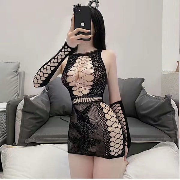 Dam Sexig Kostym Mesh Tights Underkläder Uniformer Nattklänning Wh White