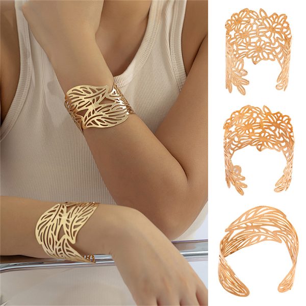 Metall Hollow Flower Leaf Armring Dam Open Justerbar bred manschett A1