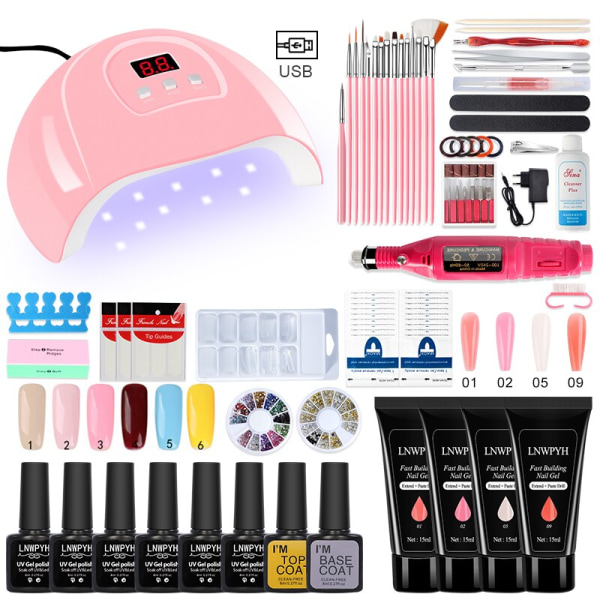 Poly Nail Gel Kit Professional Nail Set With 54/36/6W UV Lamp Acrylic Extension Gel Nail Polish All For Manicure Gel Tools Set Fuchsia