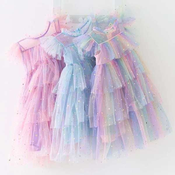 Girls Perform Sequin Rainbow Dress Children Princess Tutu Dress Summer Prom Mesh Dresses Kids Birthday Party School Casual Wear Army Green 3T