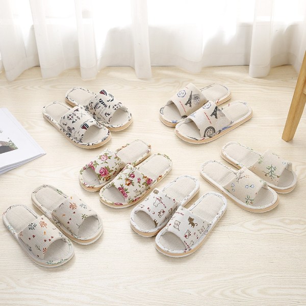 Floral Linen Home Slippers Soft Non-slip Foam Bottom Flip Flops Spring Autumn Indoor Couple Men Women Slides Casual Flat Shoes Beige 44