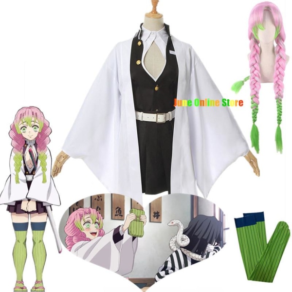 Anime  Kimetsu No Yaiba Kimono Kanroji Mitsuri Cosplay Costume Kisatsutai Sexy Clothes Women Halloween Costume wig Beige XL