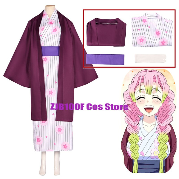 Anime Cosplay Demon Slayers Kanroji Mitsuri Cosplay Costume Kimono Outfits Suit Kimetsu No Yaiba Halloween Party Clothes Wig Beige XL