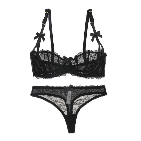 Women lingerie sexy Bra and thong set floral lace low-rise thongs breathable underwear S M L XL black and pink and white panties Black 85B