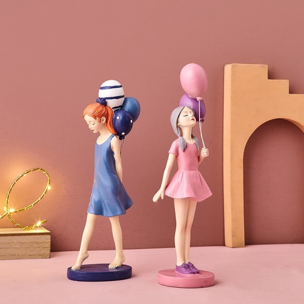 Nordic INS Girl Bedroom Decoration Balloon Girl Resin Sculpture Cute Figurines For Home Living Room Desktop Ornament Gifts D-Pink