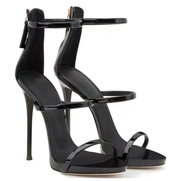 2024 Women's Summer New Sexy Stiletto Heels Sandals Fashion High-quality Banquet Zipper Strap Combination High Heels Black 39