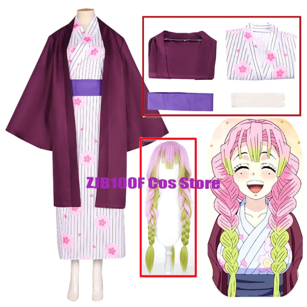 Anime Cosplay Demon layers Kanroji Mitsuri Cosplay Costume Kimono Outfits uit Kimetsu No Yaiba Halloween Party Clothes Wig Black S