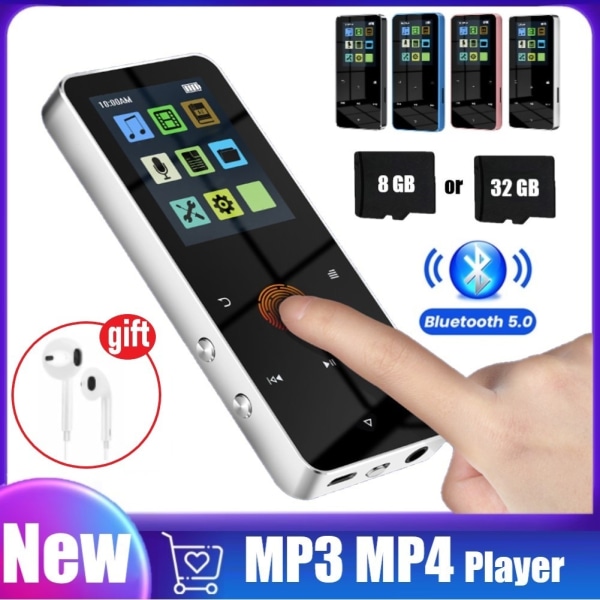 New 1.8 Inch Metal Touch MP3 MP4 Music Player Bluetooth-compatible 5.0 Fm Radio Video Play 8/32GB E-book Hifi Player Walkman Silver No Memory Card