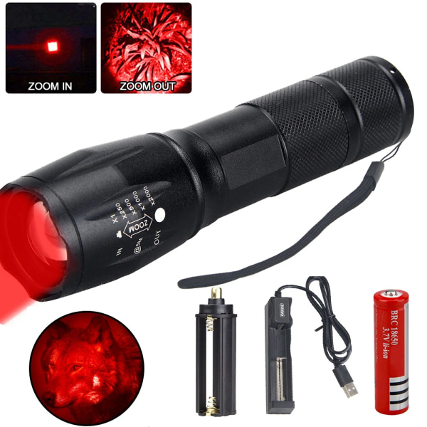 Tactical Green/Red/White Light LED Hunting Flashlight Zoomable Torch Waterproof Outdoor Camping Fishing Lamp Red With Battery