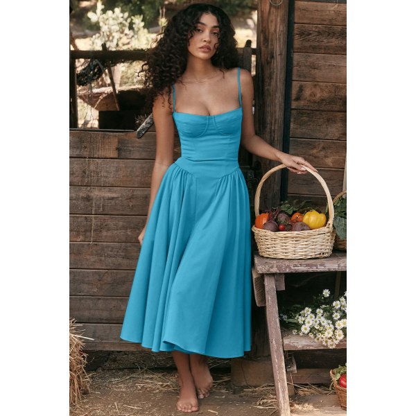 Sexy Evening Party Dress Women 2024 Summer Elegant Vintage Pleated Dresses Spaghetti Strap Backless Holiday Robe Femme Turquoise S