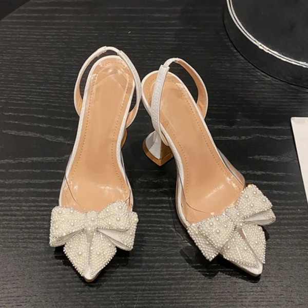 Fashion Design White Pearl Bowknot Women Pumps Sexy Pointed Toe High Heels Wedding Prom Shoe PVC Transparent Sandal Female Beige 40