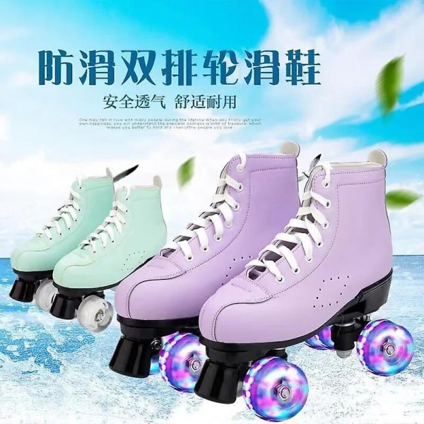 Women Girls Roller Skates Purple Green 2 Double Row 4 Wheels Shoes Pu Wheels Sliding Quad Skating Sneakers Training Flash Wheel Purple 34