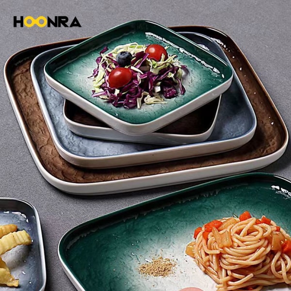 Nordic Ceramic Western Food Plate Creative Home Kitchen Restaurant Square Steak Plate Japanese Hot Pot Platter plate Green