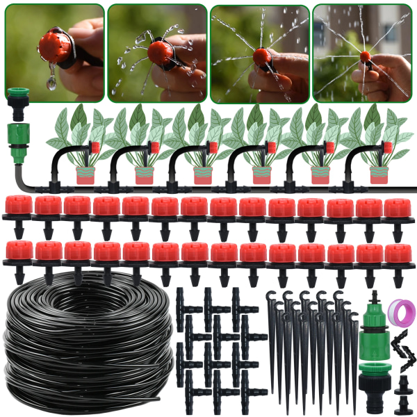 Garden Drip Irrigation Automatic Watering System Kit 1/4' Nozzles for Bonsai Pot Plant Lawn Flower Vegetable Greenhouse 30Meters-36Drippers
