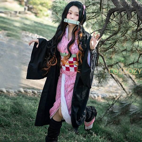 Anime Demon Slayer  Cosplay Costume Kimono Kimetsu No Yaiba Kamado  Costume Wig Womens Girls Kimono Uniform Clothes Beige 150cm