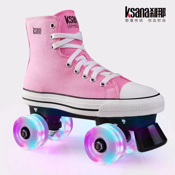 Adult Double-row Canvas Roller Skates Flash Four-wheel Sneakers High-top Breathable Unisex Skateboard Quad Skating Shoes black 40