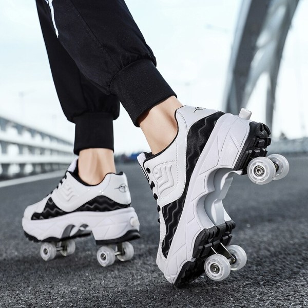 Women's Men's Deformation Parkour Shoes Four Wheels Rounds Of Running Shoes Casual Sneakers Deform Roller Shoes Skating Shoes Auburn 35 Foot length22.5cm