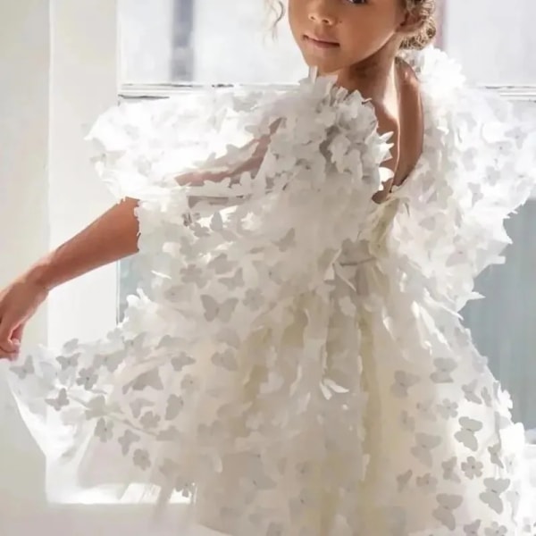 Fashion Baby Girl Dress Butterfly Puff Sleeve Child Tulle Princess Dress For Vestido Pageant Party Birthday A3743 WHITE 2T(90cm)
