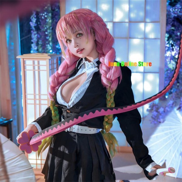 Anime  Kimetsu No Yaiba Kimono Kanroji Mitsuri Cosplay Costume Kisatsutai Sexy Clothes Women Halloween Costume wig Pink 150cm