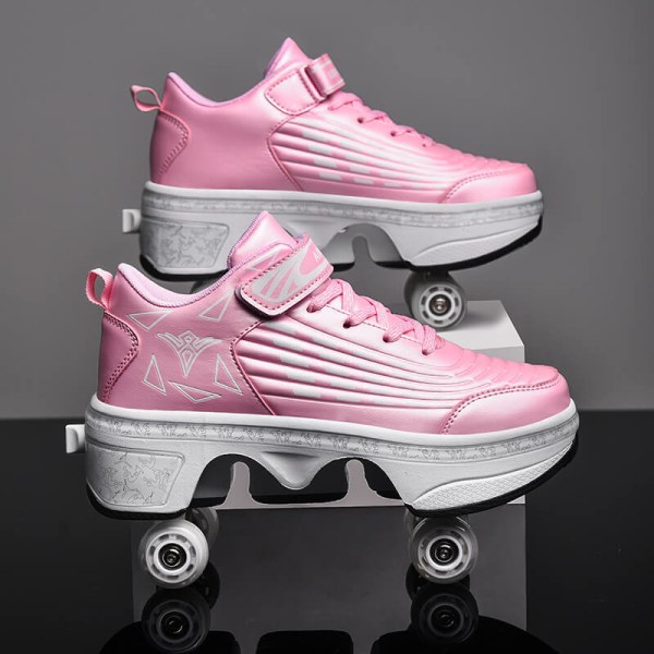 Casual Sneakers Walk Roller Skates Deform Runaway Four Wheel Skates for Adult Men Women Unisex Child Deform Wheel Parkour Shoes Ivory 35