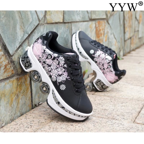 Casual Sneakers Walk Roller Skates Deform Runaway Four Wheel Skates for Adult Men Women Unisex Child Deform Wheel Parkour Shoes Black 42