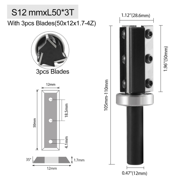 1pcs 8mm 12mm 1/2" Wood Planer Bit Trimming Bit Milling Cutter for Wood CNC Woodworking Tools Insert Replacable Blade End Mill 3T-S12mmxL50mm