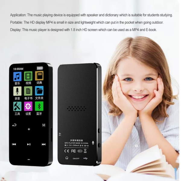 Bluetooth-compatible MP3 MP4 HD Display Player Stereo Sound Touch Control Music Supply Dormitory Sporting Black
