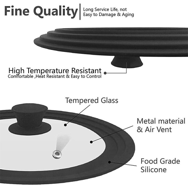Multi Size Universal Lid for Pots Pans Cookware Tempered Glass Lid for Skillets with Silicone Rim Replacement Lid for Frying Pan Black 28-30-32