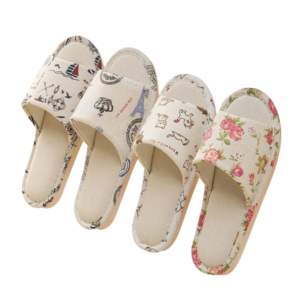 Floral Linen Home Slippers Soft Non-slip Foam Bottom Flip Flops Spring Autumn Indoor Couple Men Women Slides Casual Flat Shoes Beige 38