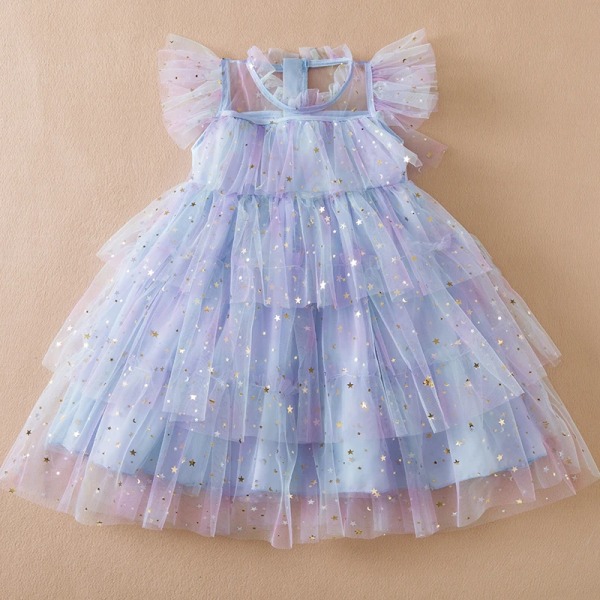 Girls Perform Sequin Rainbow Dress Children Princess Tutu Dress Summer Prom Mesh Dresses Kids Birthday Party School Casual Wear Gold 5T