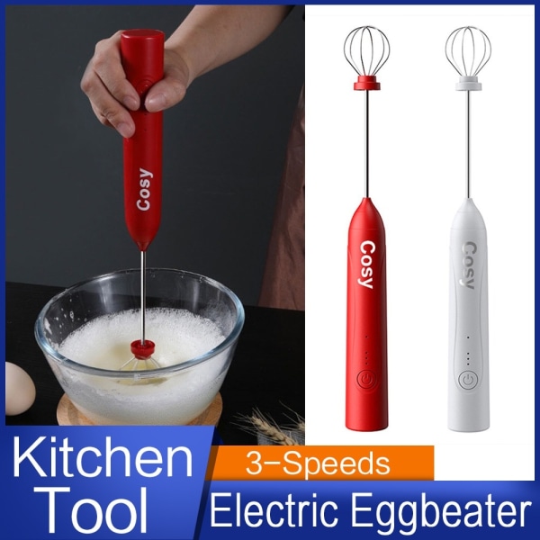 Electric Egg Beater Whisk Mixer Heads 3-Speeds Eggbeater Frother Stirrer USB Handheld Coffee Milk Drink Blender Kitchen Tool Red