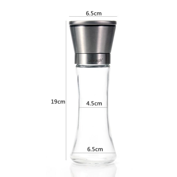 18/8 Brushed Stainless Steel Pepper Mill and Salt Mill, 6 Oz Glass Tall Body, 5 Grade Adjustable Ceramic Rotor 7.5in x 1