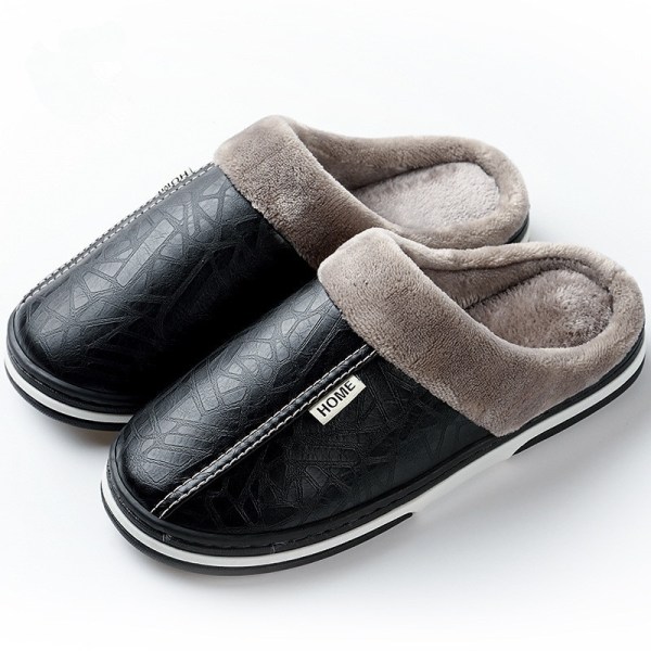 Men Slippers Indoor PU Leather Women House Waterproof Warm Home Fur Slipper Male Couple Shoes Fluffy Big Size Casual Slide Shoes Black 48-49 Suitable 47-48