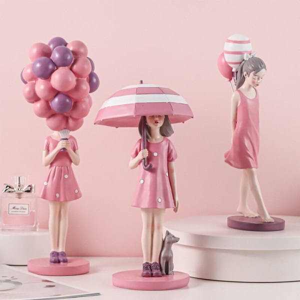 Nordic INS Girl Bedroom Decoration Balloon Girl Resin Sculpture Cute Figurines For Home Living Room Desktop Ornament Gifts D-Pink