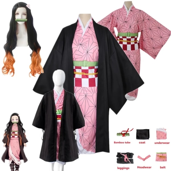 Nezuko Cosplay Anime Demon Slayer  No Yaiba Cosplay Costume & Accessories Kamado Kimono Uniform Halloween Clothes Beige child size 110cm
