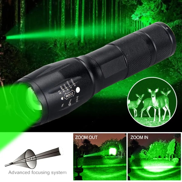 Tactical Green/Red/White Light LED Hunting Flashlight Zoomable Torch Waterproof Outdoor Camping Fishing Lamp Green No Battery