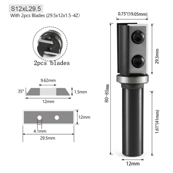 1pcs 8mm 12mm 1/2" Wood Planer Bit Trimming Bit Milling Cutter for Wood CNC Woodworking Tools Insert Replacable Blade End Mill 2T-S12mmxL29.5mm